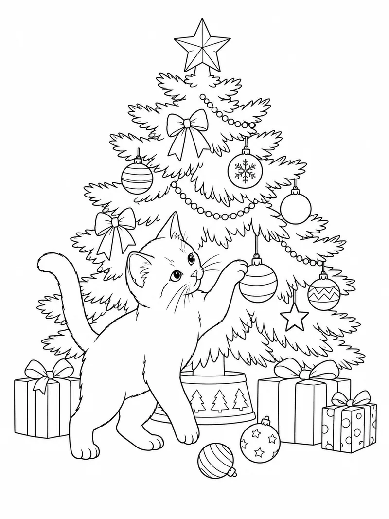 Раскраска Кошка под ёлкой