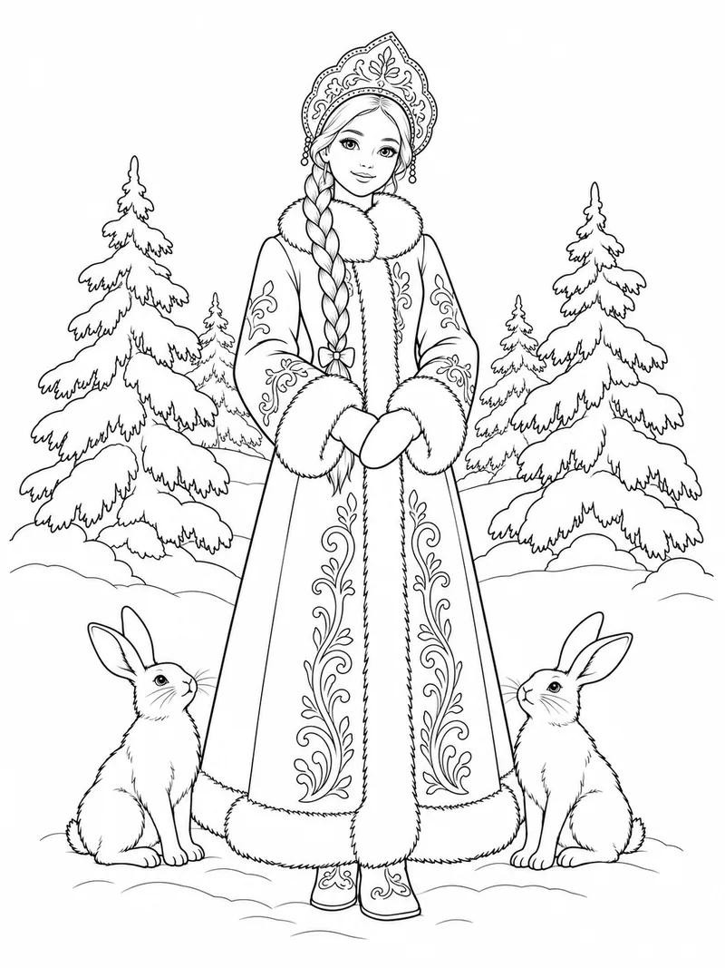 Раскраска Снегурочка с зайцами